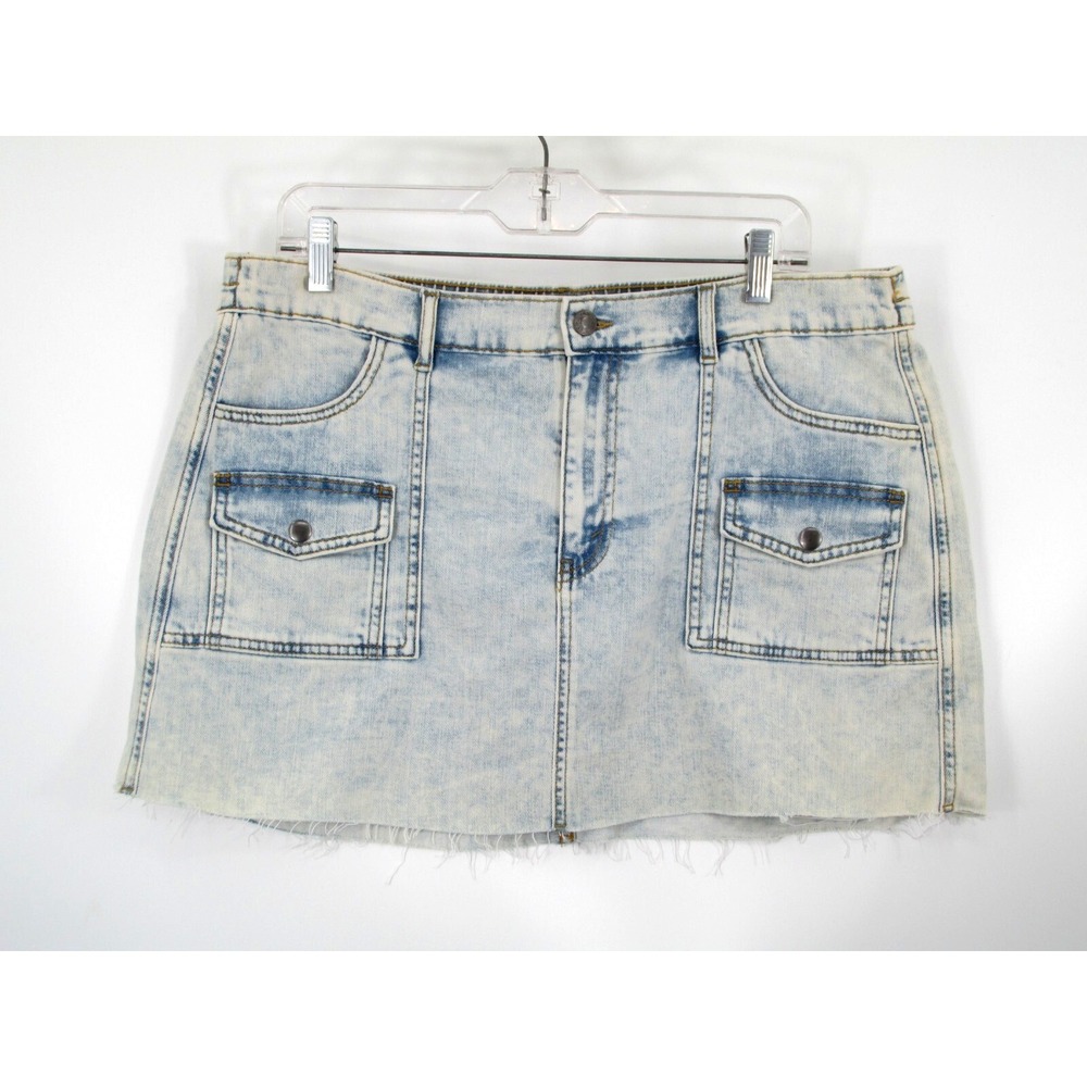 NWT AERIE Mini Jean Skirt Women XL Light Blue Denim Acid Wash Pockets Raw Hem